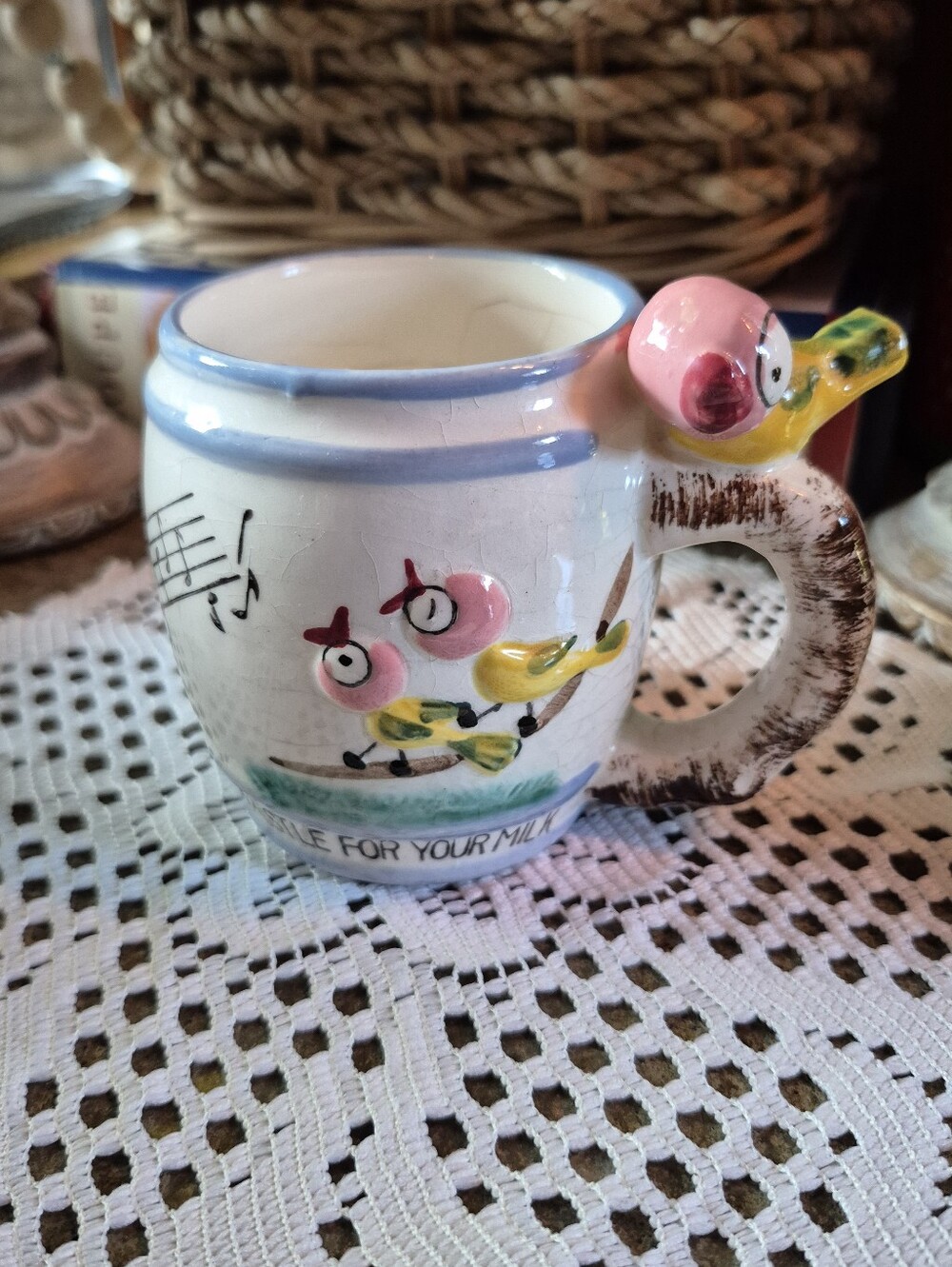 Vintage 1950s Hand-painted "Whistle For Your Milk" Child's Ceramic Mug Japan